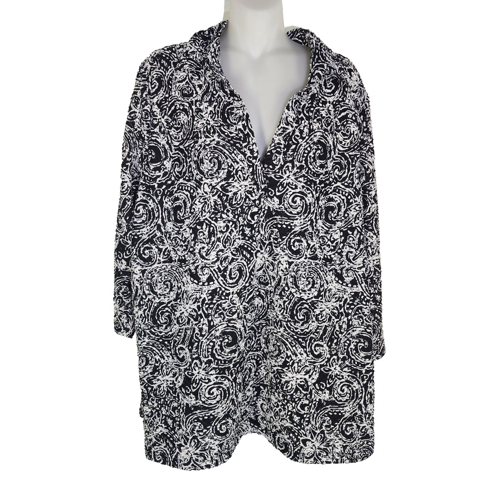 Lane Bryant Women Tunic Top 18/20 Black White Scroll Textured 3/4 Sleeve Popover